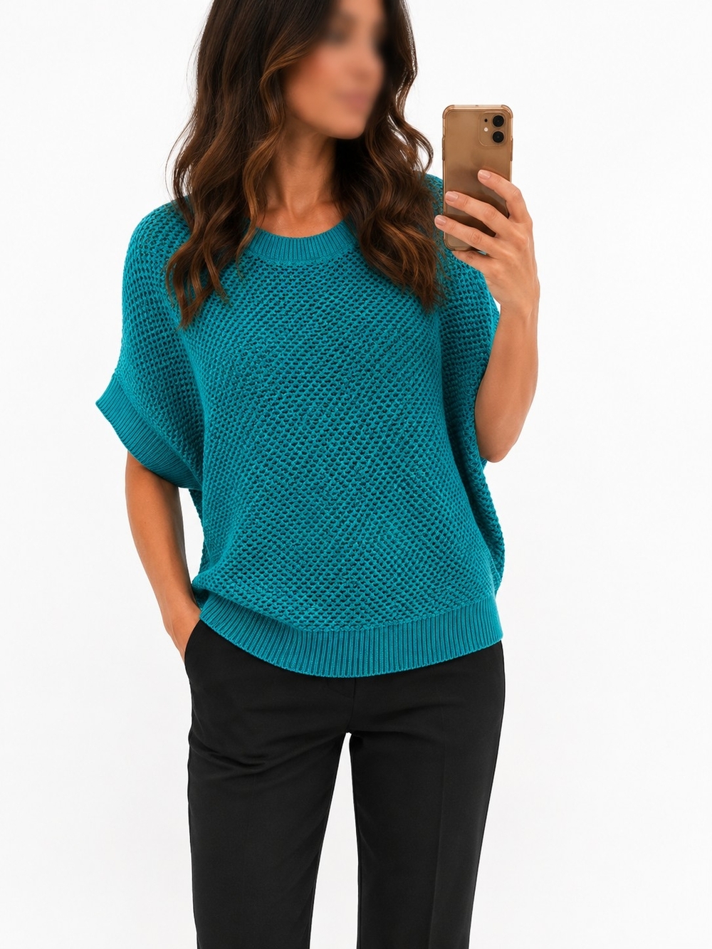 👕2 For 15$ or 3 for 20$👕Suzy Shier Green Teal Open-Weave Crewneck Sweater